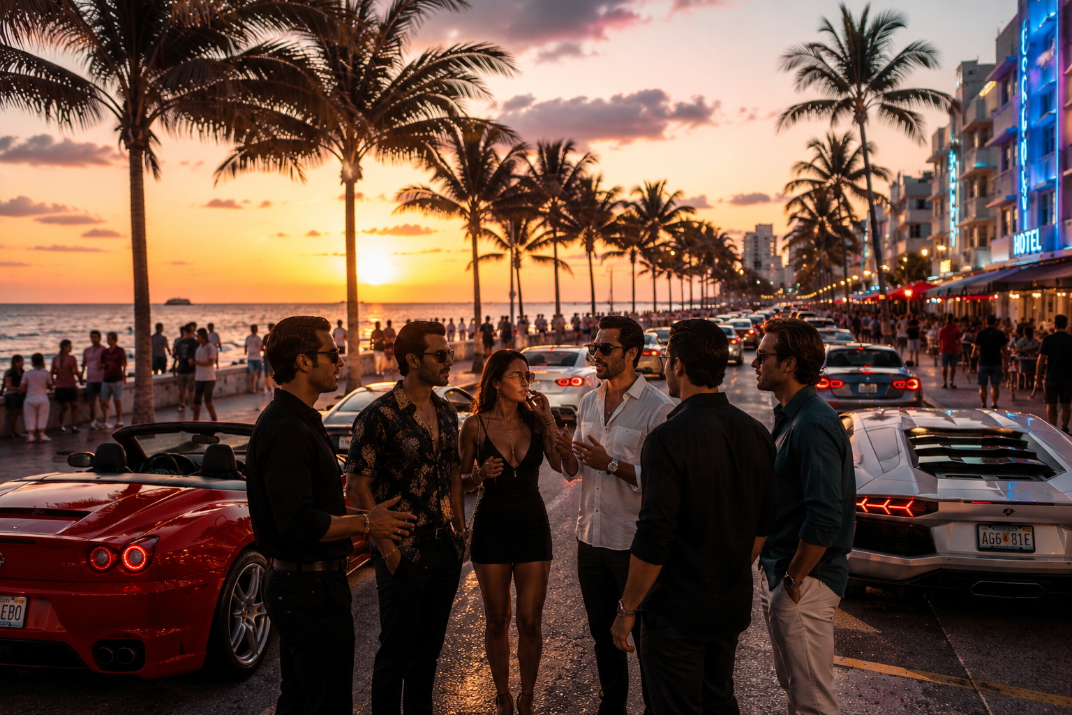Crew on Ocean Drive at sunset